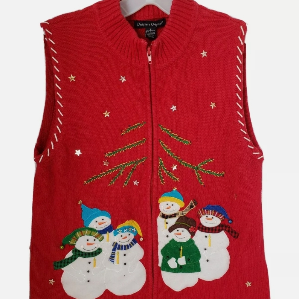 Designers Originals Studio  Snowman Zippered Christmas Vest. Red  Lg